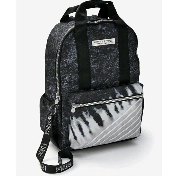 Justice Collect X  Tie Dye Black White Silver Backpack Set lunch box bottle NWOT - Picture 3 of 12